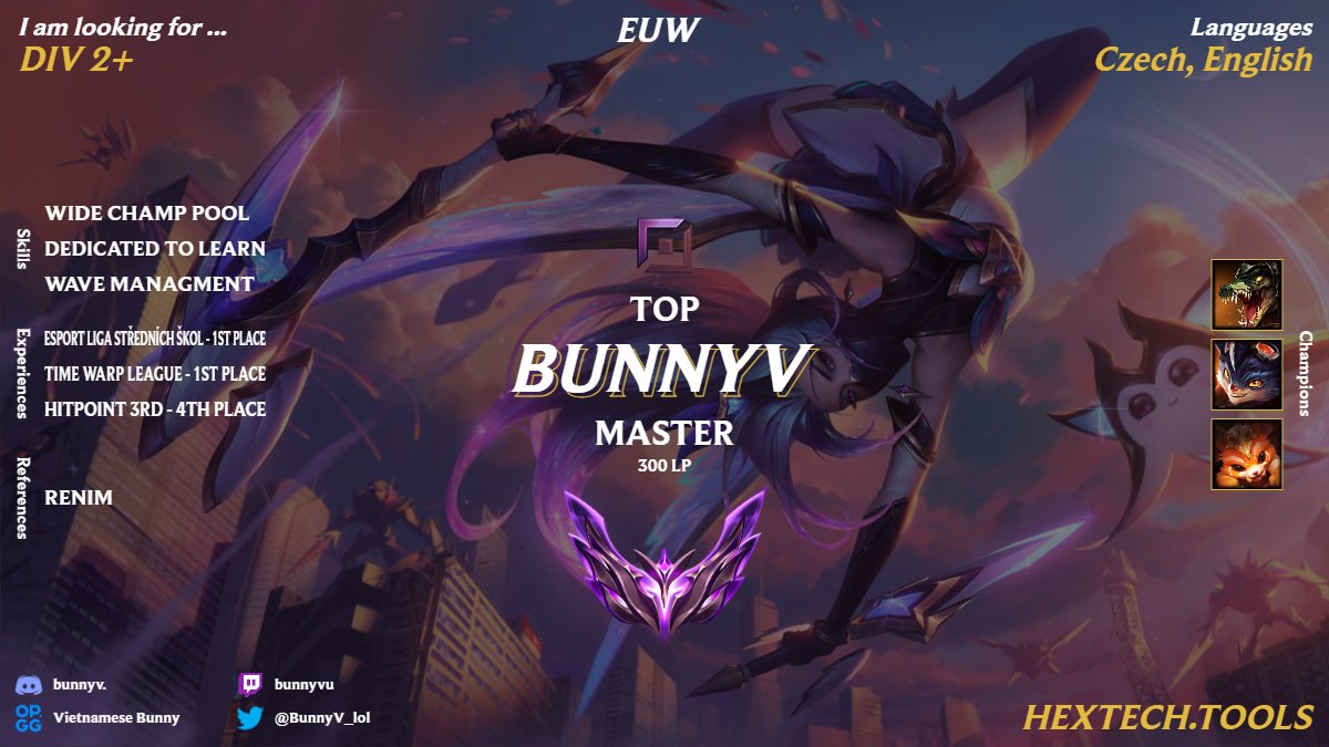 Hello!🥰

After finishing split for @maverix_gg academy, Im looking for new opportunities. 

DM here or on discord - (bunnyv.)

Refs: <a href="/Coach_Renim/">Retiveo</a> 

lol.fandom.com/wiki/BunnyV