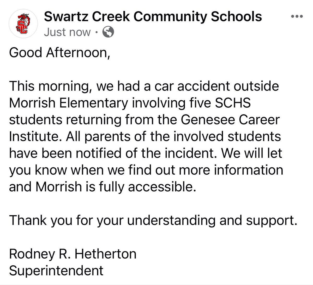 Update from Superintendent, <a href="/RodneyHetherton/">Rodney Hetherton</a>.