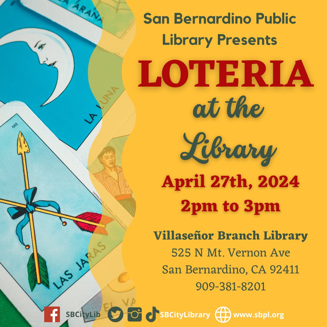 Need something to do on Saturday? Stop by Villaseñor on Saturday, April 27th at 2pm to play Lotería with us! See you there #SanBernardinoPublicLibrary #SanBernardino #SBPL #InlandEmpire #Library #Proud2BeSB #Loteria #Library #Play