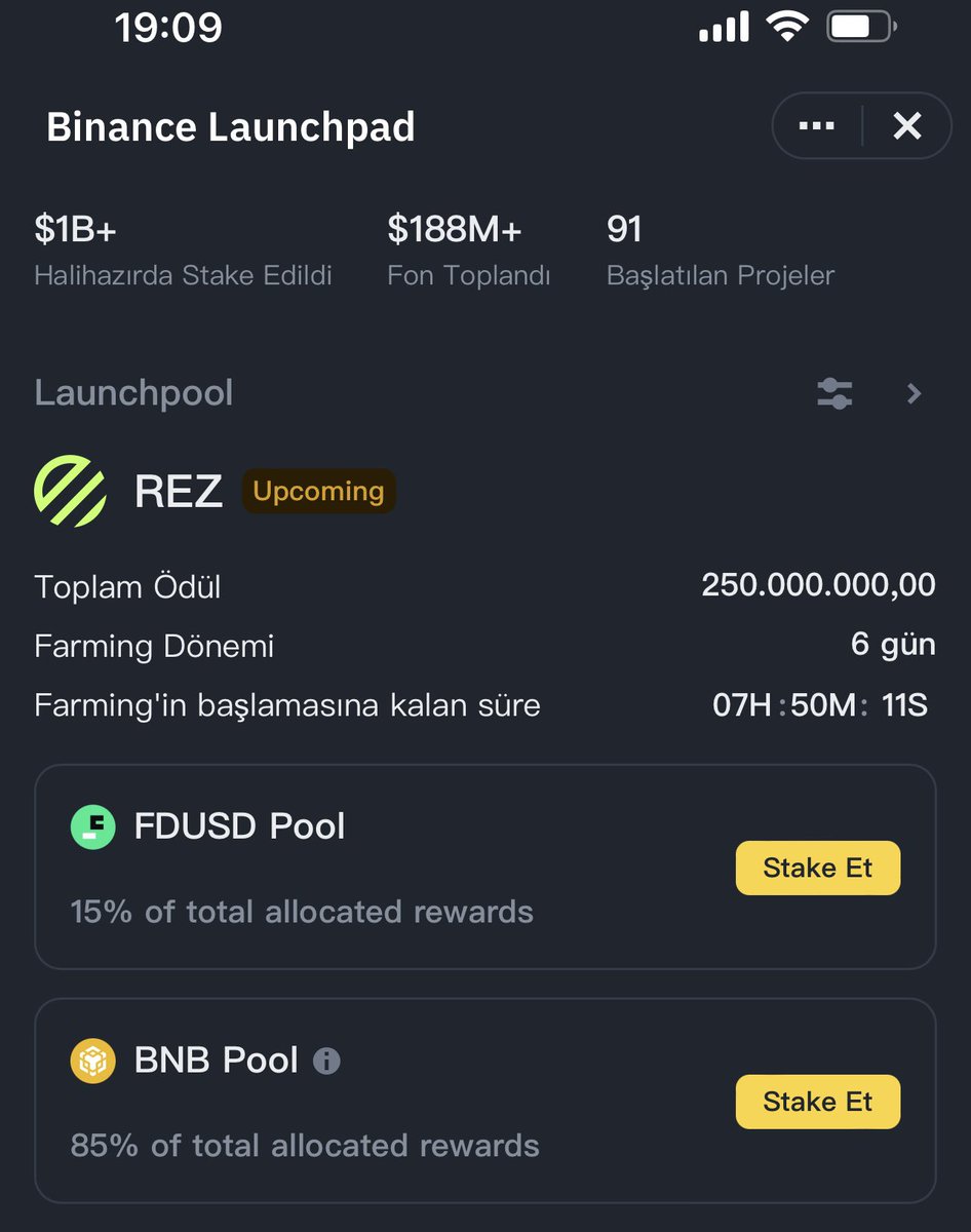 Binance Launchpool ‘ları dur durak bilmiyor 53. #Launchpool projesi $REZ & @RenzoProtocol bizlerle. 🛩️ Gelin beraber hem proje detaylarına hemde Launchpoola nasıl katılacağımıza bakalım. 👀 Öncelikle farm bu gece yani 24 Nisan saat 03:00 ‘da başlayacak ve farm dönemi toplam 6