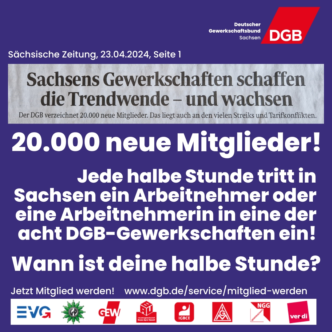 dgb_sachsen's tweet photo. Die #Gewerkschaften sind im #Aufwind! Danke an alle, die schon dabei sind und mit den Gewerkschaften #Tarifverträge erkämpfen und #Mitbestimmung durchsetzen! Du bist noch nicht dabei? Jetzt Mitglied einer @dgb_news Gewerkschaft werden! Geht ganz einfach: https://t.co/rajE9I9AWD https://t.co/YMV1cF8AKc