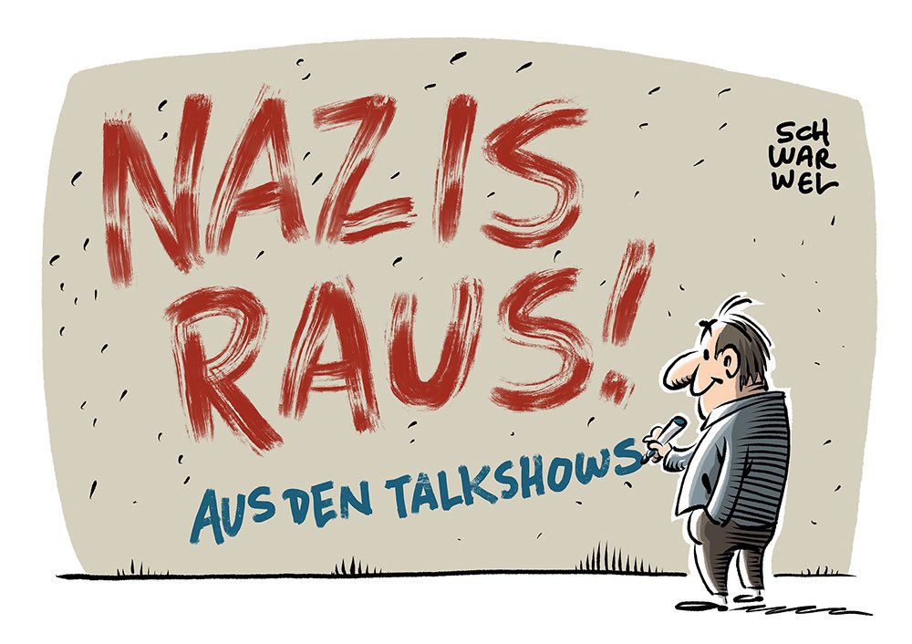 „Mit Nazis reden – Miosga, Maischberger, Lanz: Talkshows helfen, rechtsextreme Narrative zu verbreiten“ #Miosga #Chrupalla #Nazisprech #schwarwel
