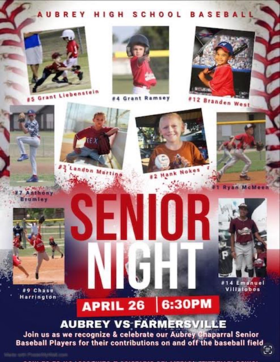 Big night this Friday night! Come show some love to our seniors!

🚨🚨senior night recognition begins at 6:30pm🚨🚨

Aubrey vs. Farmersville (doubleheader)
🗓️: Friday, April 26th
⏰: 1st Game 4:30pm (5 innings)
⏰: 2nd Game 7:00pm
📍: Chaparral Field, Aubrey, TX