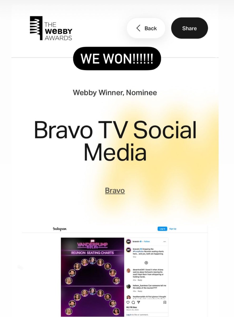 I loved saying “it’s just an honor to be nominated” but WE ACTUALLY WON!! 😱🏆 @BravoTV x @TheWebbyAwards !!!!!