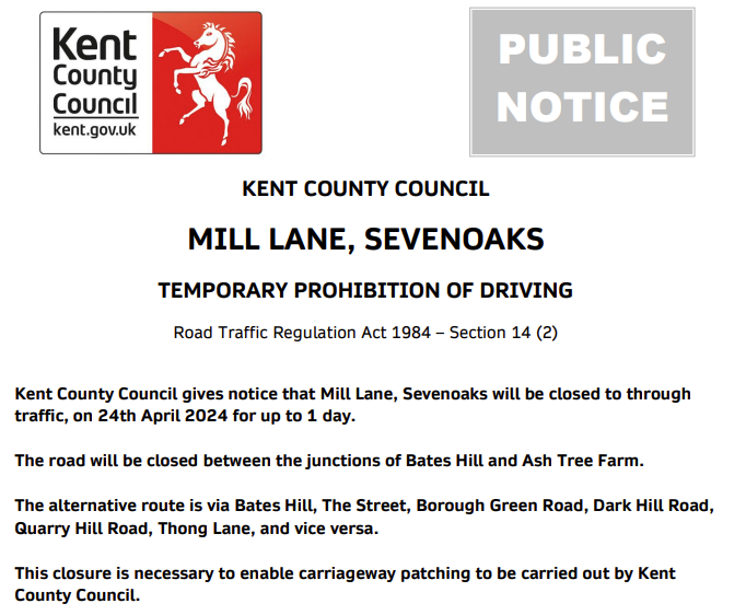 Ightham, Mill Lane. Road closed on 24th April for 1 day for carriageway patching works: moorl.uk/?pcyv97 #Kentpotholes