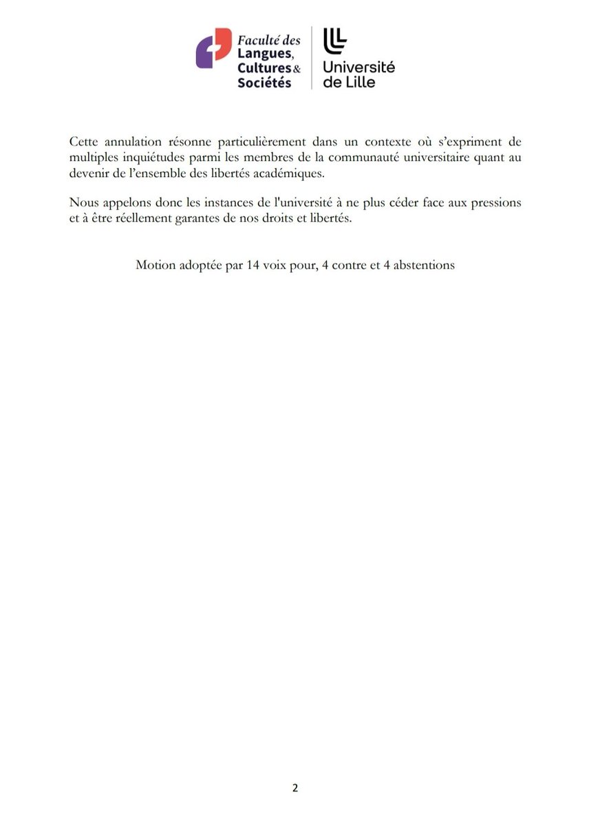 🔴 Motion inédite des élus du conseil de la Faculté des Langues, Cultures et Sociétés de l’@univ_lille, qui désapprouve la décision annulant la conférence organisée ce jeudi 18 avril par l’association étudiante agréée Libre Palestine.