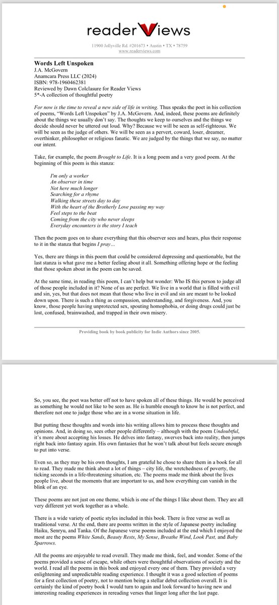 Received a wonderful review from @ReaderViews - 5 Stars! Can’t wait to hear more thoughts as time progresses and readers pick up “Words Left Unspoken”!

#Review #5StarReview #Writer #WritingCommunity #StrivingToMakeADifference #Poet #Poetry #WorkThatMatters #WordsLeftUnspoken