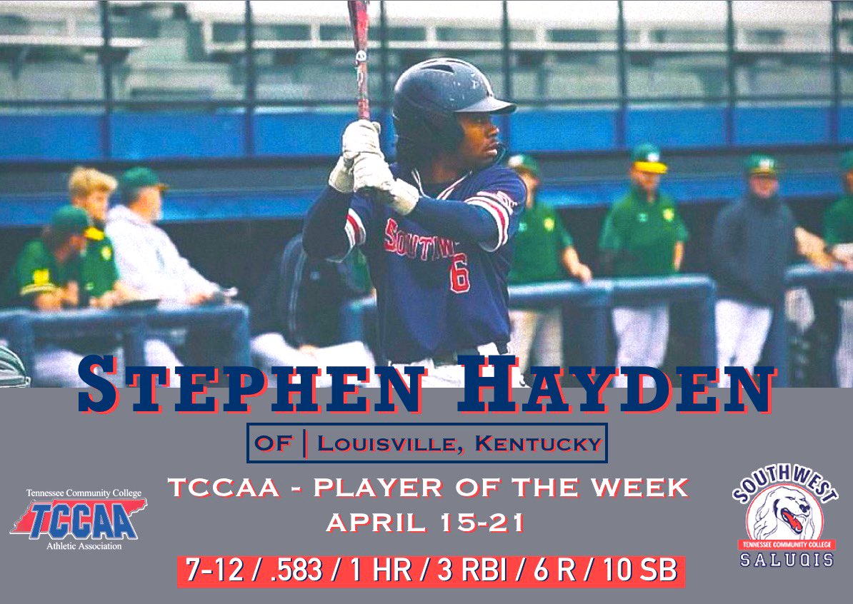 Congratulations to 𝗦𝘁𝗲𝗽𝗵𝗲𝗻 𝗛𝗮𝘆𝗱𝗲𝗻 for being named TCCAA Player of the Week (April 15-21)! 

#SaluqiPride