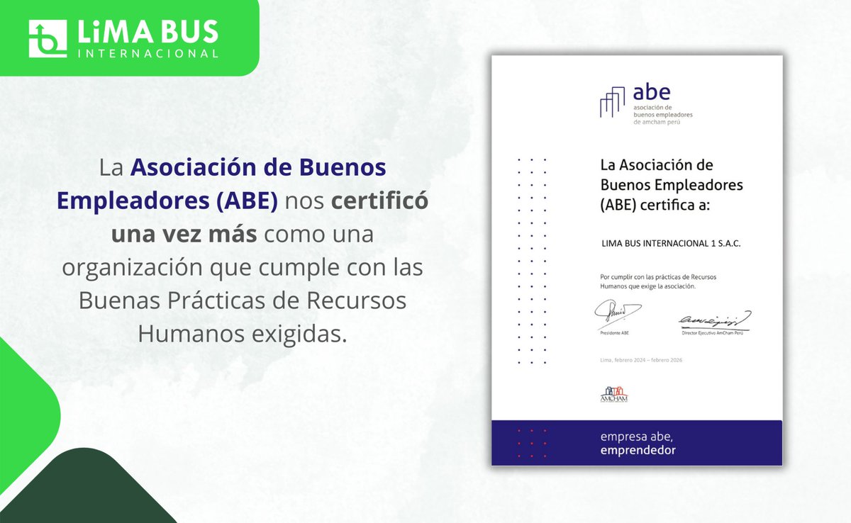 LimaBus1's tweet photo. Un logro que refleja nuestro compromiso de seguir fomentando el cuidado y bienestar de nuestros colaboradores y refuerza nuestro propósito de ser una empresa que promueve una cultura de respeto y desarrollo profesional,
Conoce más de nosotros en: https://t.co/PBim2Avipk https://t.co/KNOc0TFg6E