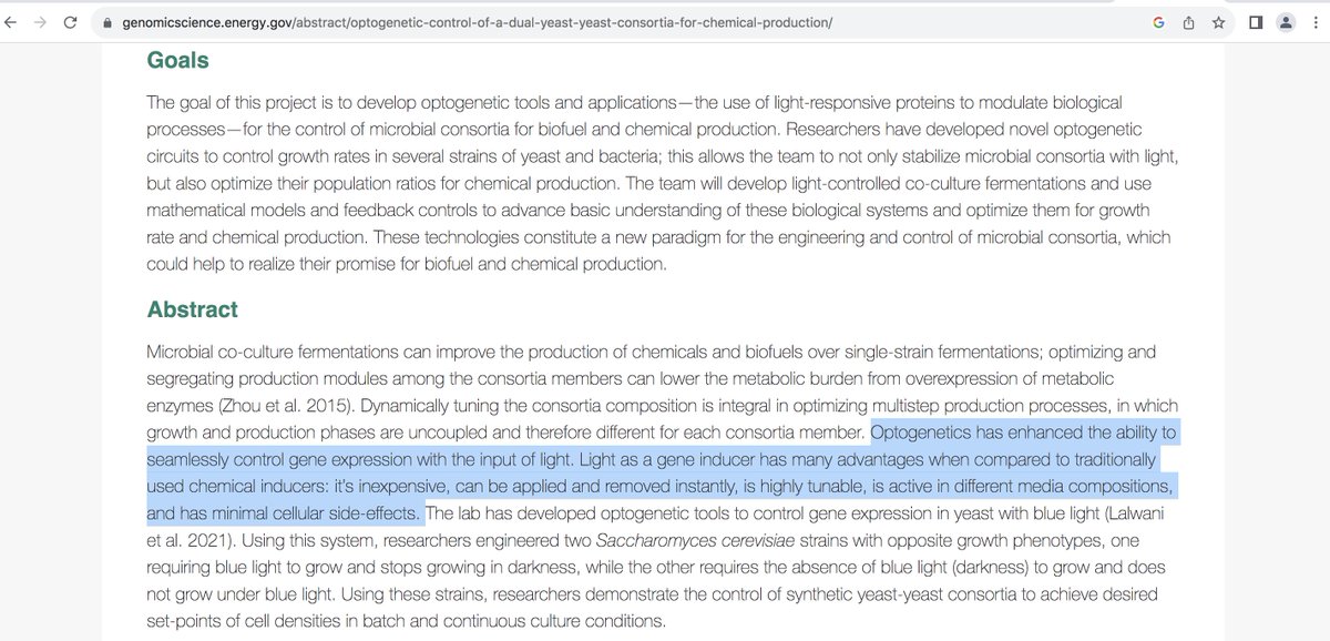 U.S. Department of Energy Genomic Science program Optogenetic Control of a Dual Yeast-Yeast Consortia for Chemical Production genomicscience.energy.gov/abstract/optog…