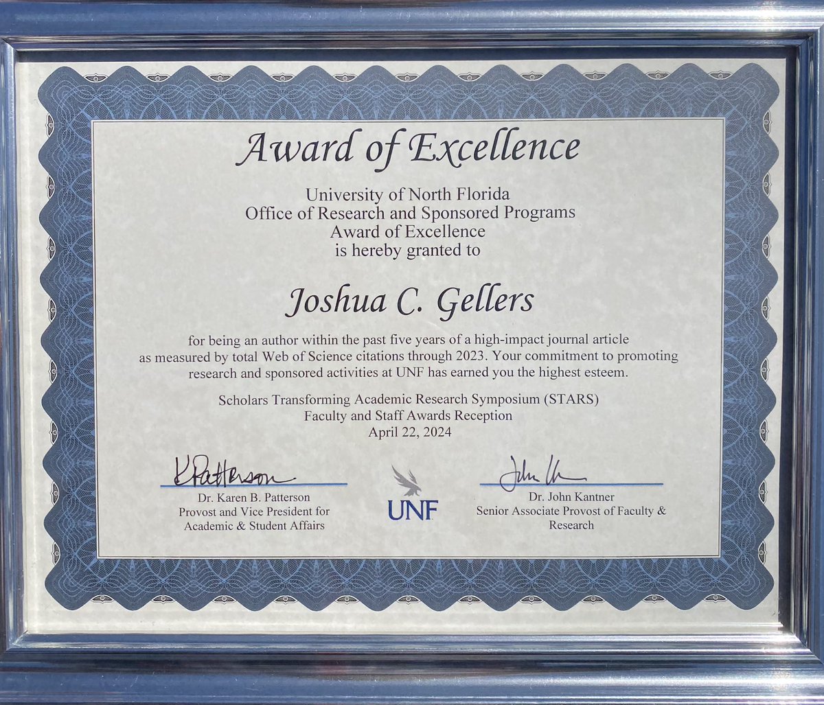 Yesterday I received the high-impact research article award from @UofNorthFlorida for my co-authored piece in @ESG_Journal, “Earth system law: Exploring new frontiers in legal science.” Thanks to UNF for recognizing my research & to all my terrific co-authors (1/2).