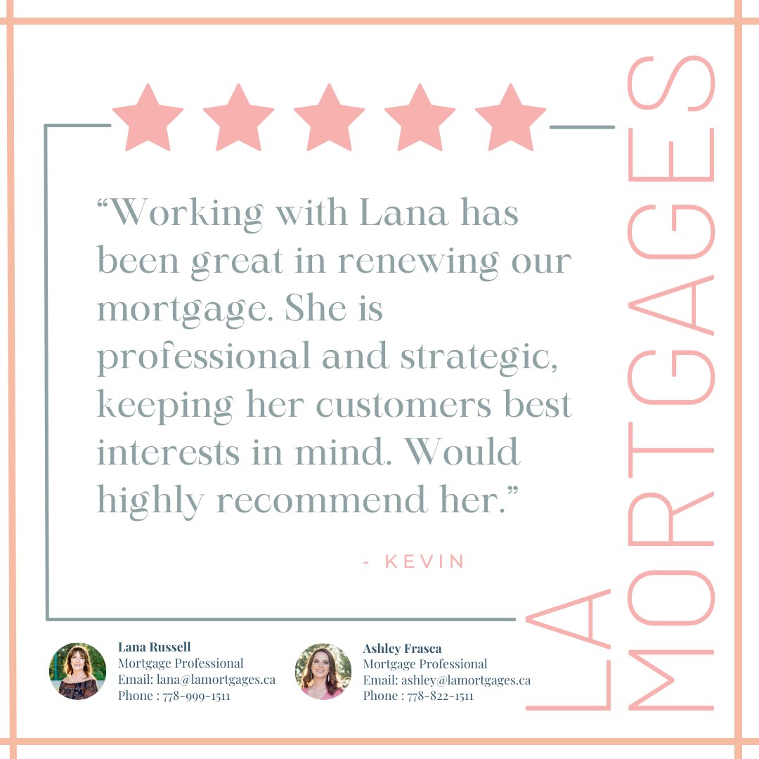 ⭐⭐⭐⭐⭐

Working with Lana has been great in renewing our mortgage. She is professional and strategic, keeping her customers best interests in mind. Would highly recommend her.
- Kevin
.
.
.
 #googlereview #LAMortgages #Mortgagebroker #mortgage #mortgageadvice #Vancouver