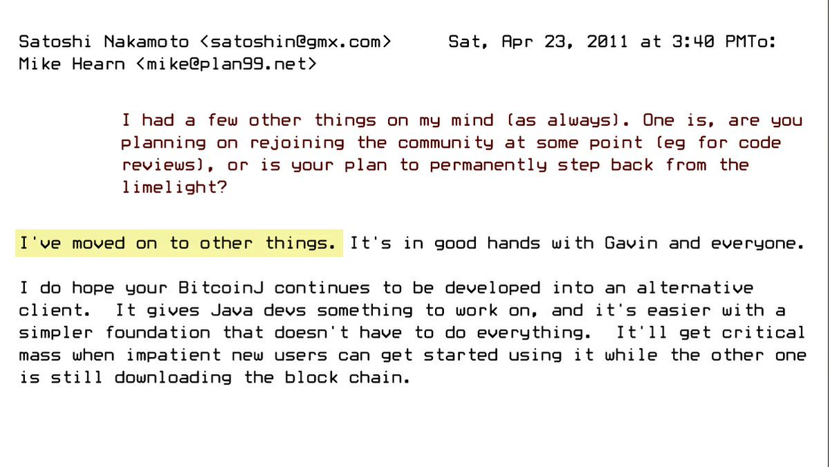 FUN FACT: 13 years ago today, Satoshi Nakamoto announced he 'moved on to other things', stepping away from #Bitcoin ✨