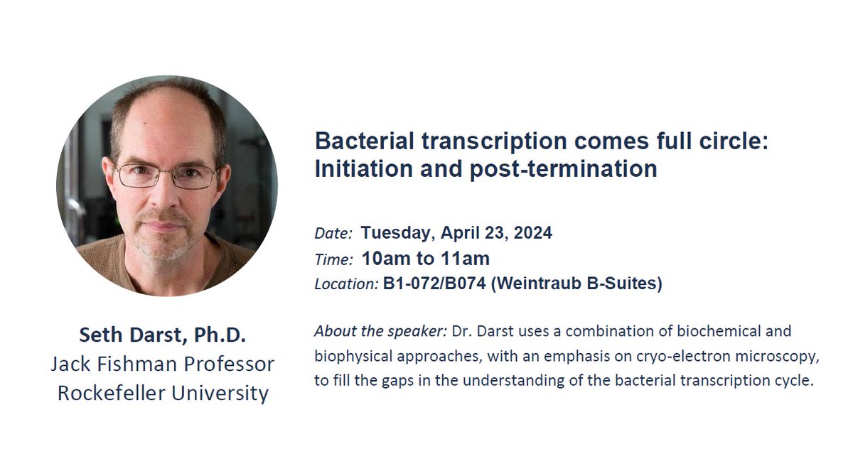 Special seminar today! Dr. Seth Darst is joining us from @RockefellerUniv to share his research using cryo-EM to fill in gaps in the understanding of the bacterial transcription cycle. Starts at 10 am in B1-072/B074 (Weintraub B-Suites).