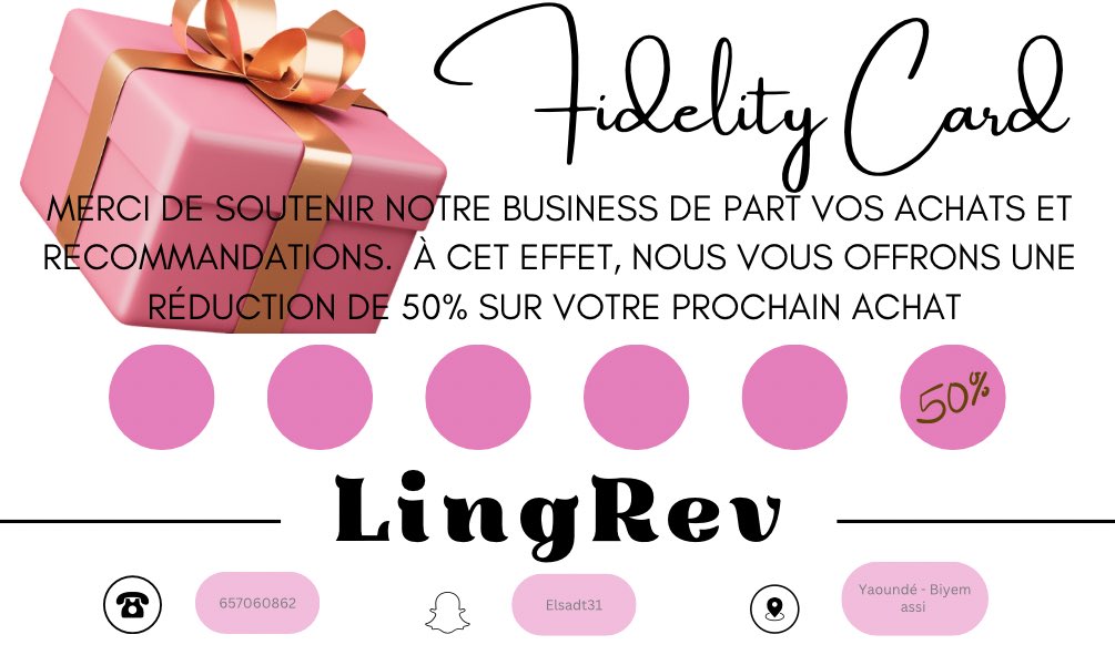 Nous vous apportons une innovation la « Fidelity Card » qui vous permettra de gagner une réduction de 50% après 06 achats chez nous. Nous avançons grâce à vous 
Milles mercis ❤️

Yaoundé - 657060862
Lingeries et accessoires de séduction 

#retweetplease
#ShareTheLove