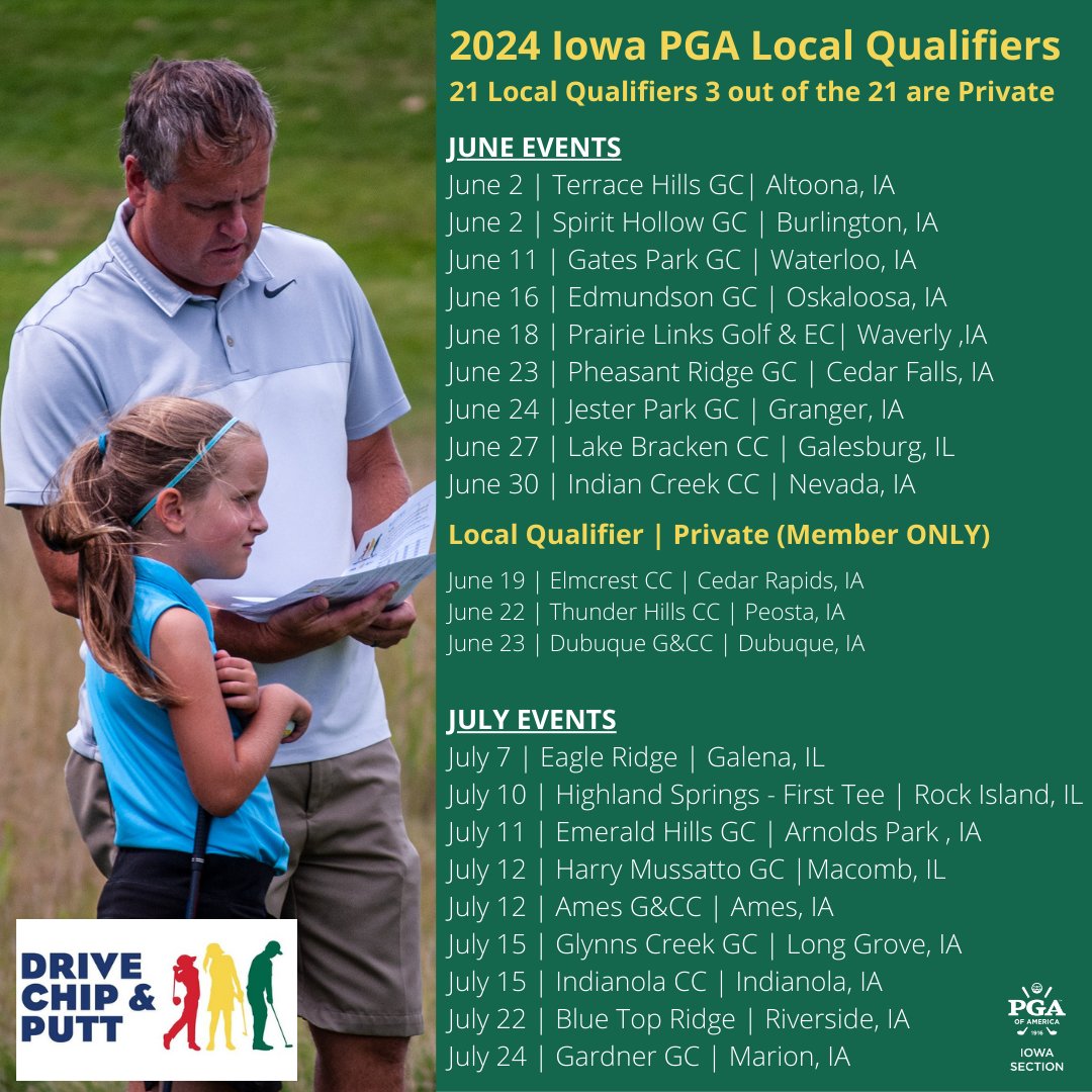 .Register today for the 2024 Iowa PGA Local Qualifiers for the @DriveChipPutt 

iowapgajuniorgolf.com/drive-chip-and…
