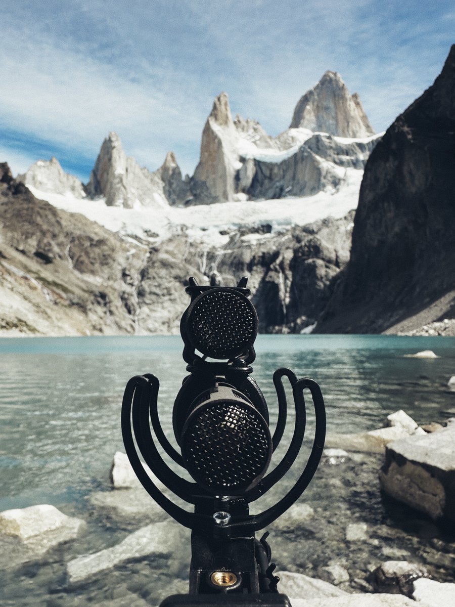 Testing the new @Sennheiser MKH8030 in at an incredible alpine lake in Patagonia. 8000 ft from the lake to the top of Fitz Roy (the highest peak)! Hear sounds from the expedition in my new sound library: thomasrexbeverly.com/products/patag… #fieldrecording #sounddesign #listening