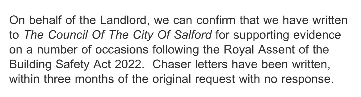 One of the last hurdles to selling my flat is getting a complete Landlord Certificate. But @SalfordCouncil refuse to respond to my landlord. Where do I go from here? @salford_mayor @michaelgove @luhc #EndOurCladdingScandal #BuildingSafetyCrisis