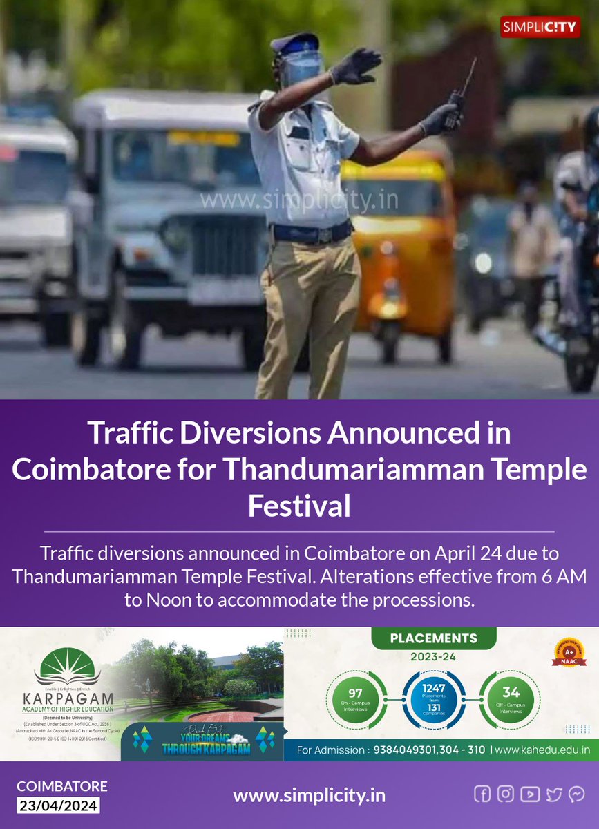 Traffic Diversions Announced in #Coimbatore for Thandumariamman Temple Festival simplicity.in/coimbatore/eng…