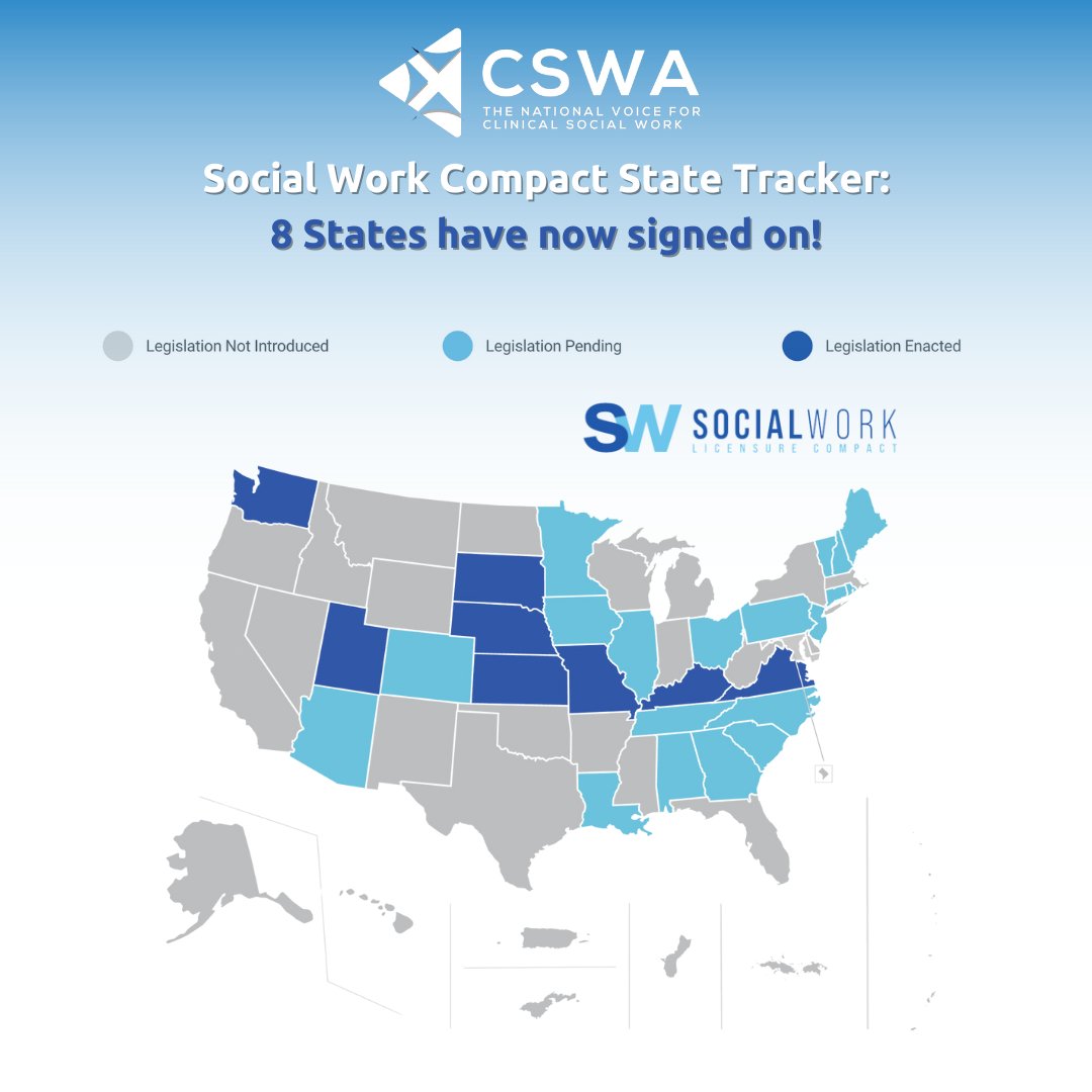 ClinSocWorkAssc's tweet photo. UPDATE: Nebraska becomes the 8th state to enact the Social Work Compact! #socialworkcompact #CSWA #clinicalsocialworker https://t.co/OsOQrKQ7DV