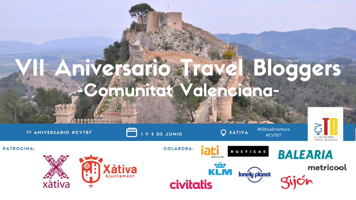 ¡Ya es oficial! El fin de semana del 31 de mayo al 2 de junio celebraremos nuestro 7° aniversario #CVTB7 🎂 en la preciosa ciudad valenciana de #Xàtiva. Va a ser un evento con una gran repercusión 😊. ¡Nos vemos en #XàtivaEnamora! @XativaTurisme