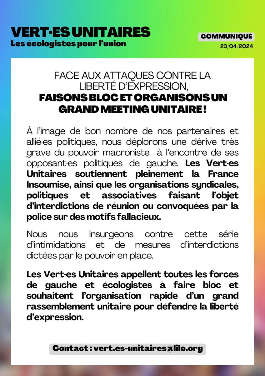 La liberté d'expression est plus que jamais menacée. Nous militant-es écologistes appelons à faire bloc et organiser un grand rassemblement unitaire face à ces dérives! #FaisonsBloc La direction de notre parti @EELV pourrait être à l'initiative de ce grand meeting! On y va ?✊