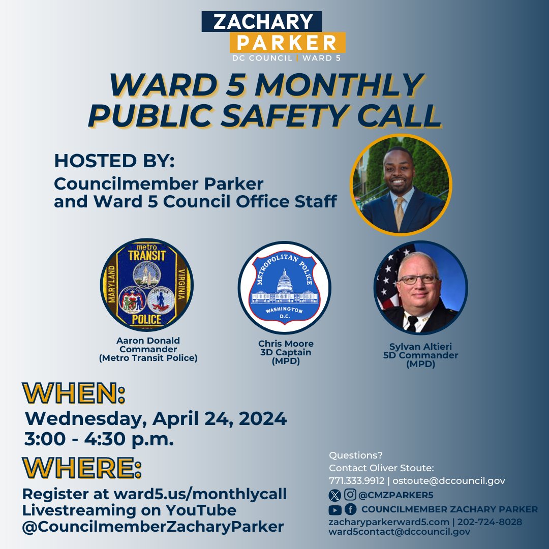 Join me for the next Ward 5 Monthly Public Safety Call, tomorrow at 3:00 p.m. Register here: ward5.us/monthlycall