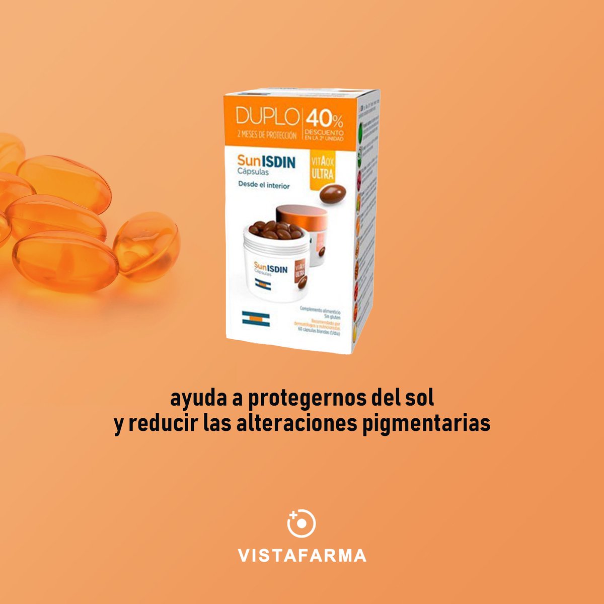 🔆¡Prepárate para lucir una piel radiante y protegida todo el año! 

👉Las cápsulas de fotoprotección oral son tu aliado contra los daños del sol. Al proteger tu piel desde adentro, evitas quemaduras y manchas, ☀️💊 

✨ goo.su/DixigWX ✨

#vistafarma #Proteccionsolar