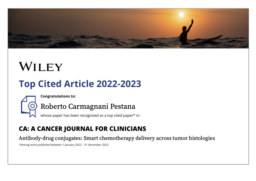 Very nice to be recognized as an author of a top cited paper @WileyGlobal, for our publication on the tissue-agnostic potential of ADCS @AmericanCancer @PTarantinoMD