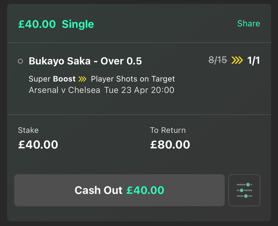 😍 F*ck it… £80 cash giveaway! If Bukayo Saka has a shot on target vs Chelsea, we’ll give away £80 free cash! 👉 £40 to someone who LIKES this tweet. 👉 £40 to someone who RETWEETS this tweet. Must be following us. Ready? Go!