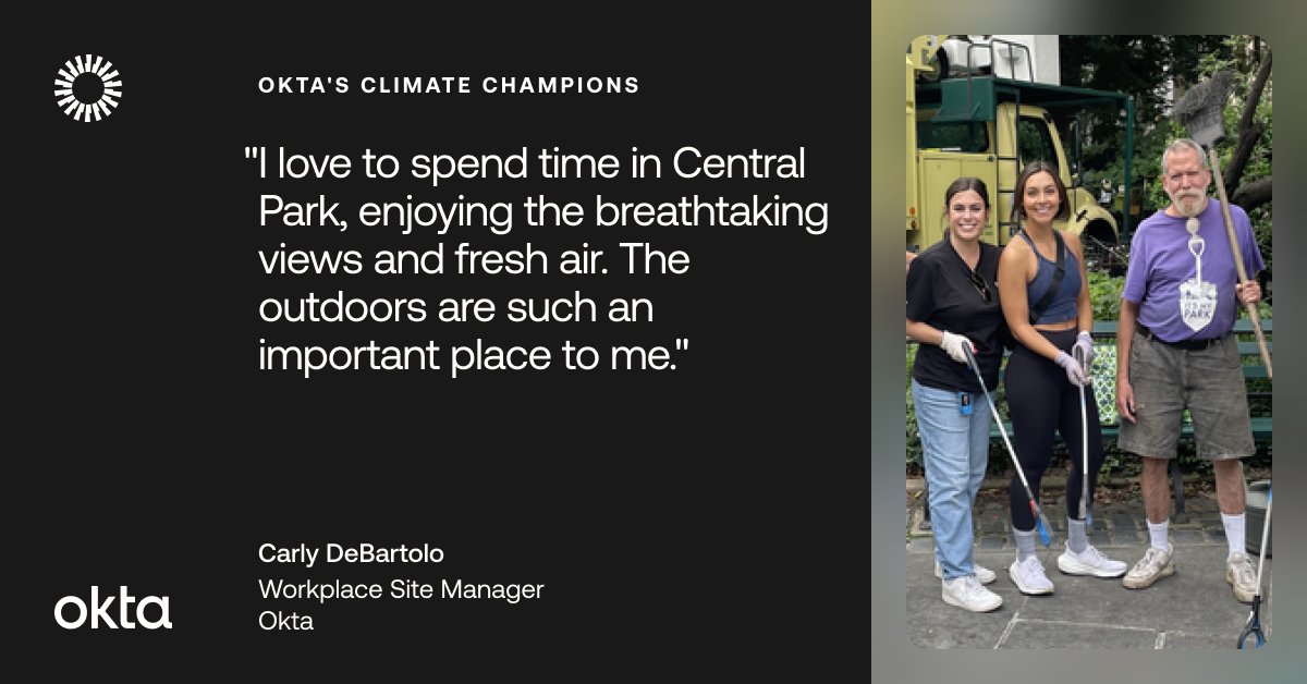 Meet another Okta climate champion! 🌿♻️ Today, we spotlight Carly DeBartolo. She leads waste reduction efforts in our NYC Center and organized a park cleanup with her fellow employees. Explore Okta's sustainability: bit.ly/41Gn6OT