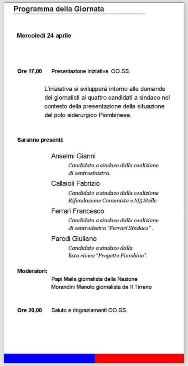 Mercoledì 24 aprile alle ore 17 dibattito a #Piombino sul futuro della #siderurgia con i candidati a sindaco

#Fiom #Cgil #Livorno