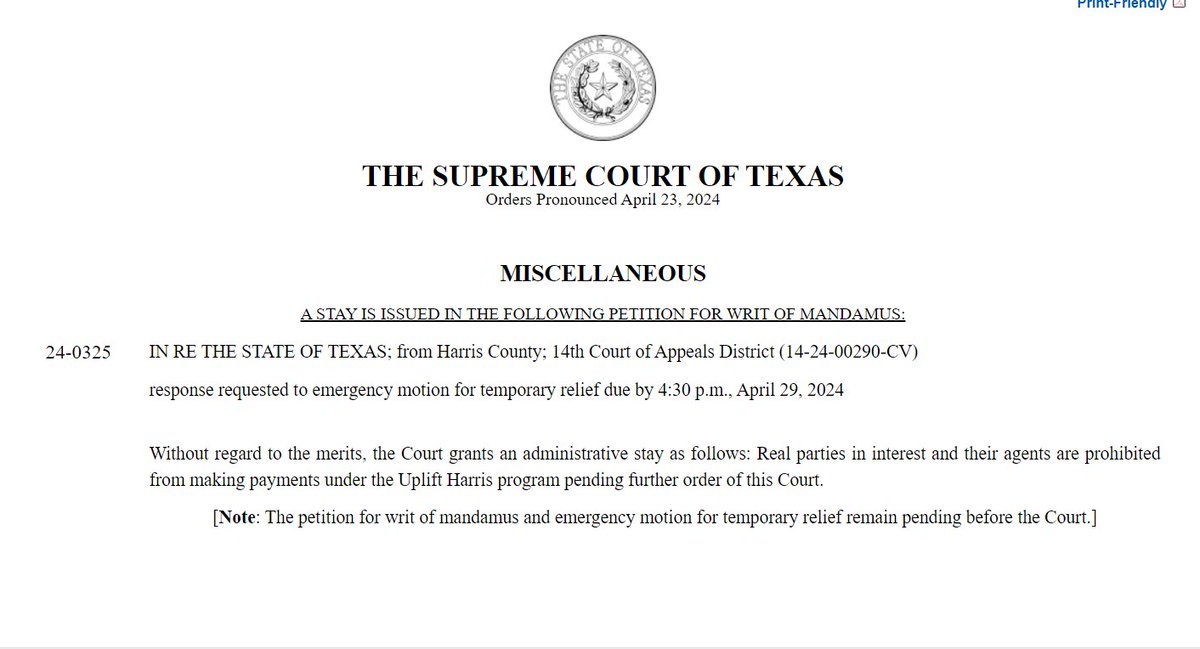 The Supreme Court today granted an administrative stay in the State's petition for writ of mandamus concerning the #UpliftHarris guaranteed income program. Without regard to the merits, the order prohibits the County from making payments pending further order. 1/2