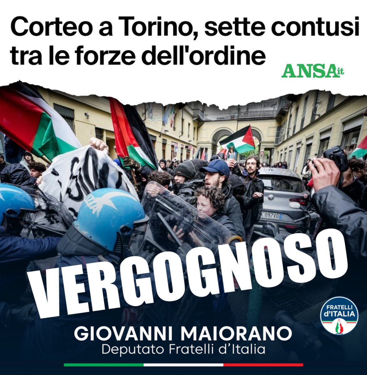 Vergognoso e inaccettabile!
Ancora una volta collettivi ed estremisti hanno aggredito le nostre forze dell'ordine nel tentativo di fare irruzione ad un convegno.

Anche questa volta la sinistra rimarrà in silenzio o si degnerà di condannare queste gravi azioni?
#Torino