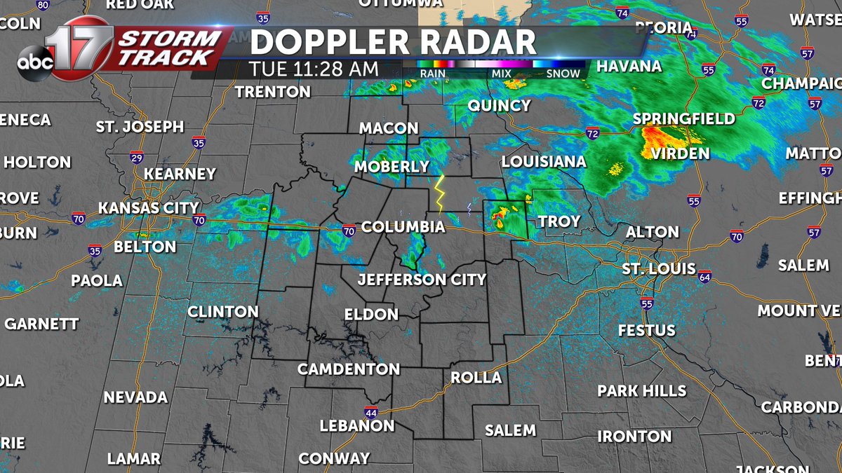 Some spotty showers, thunderstorms, and cloud cover linger into the afternoon. I'll have the latest track on this evening's clearing at noon! #CoMO, #JCMO, #MidMO, #MOwx