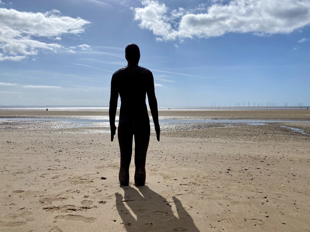 Clear blue skies over Crosby beach today for @IronMenCrosby. A feeing that summer is coming but for the strong northerly wind that kept a chill in the air.