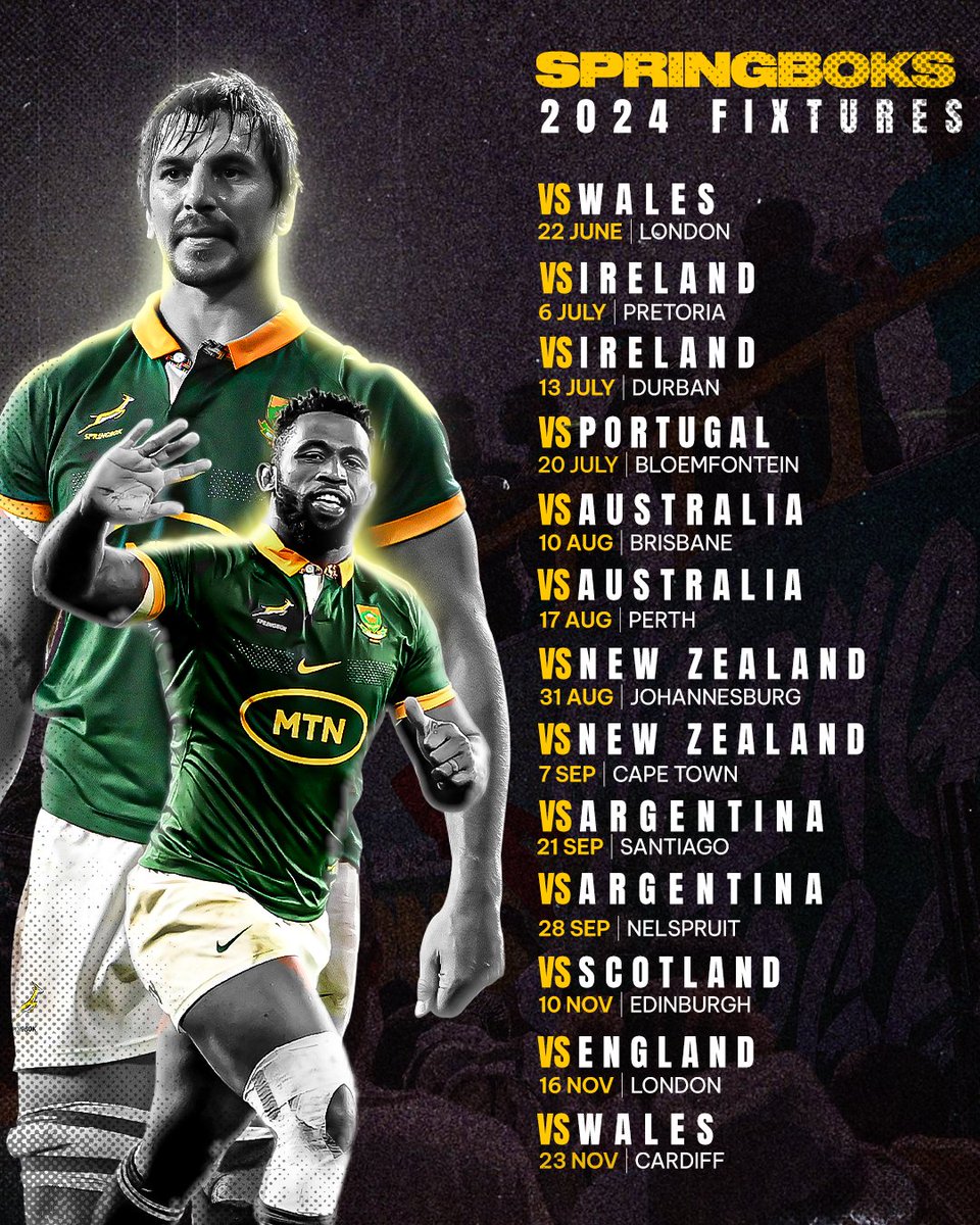 A bumper fixture list 🏆 Who else is excited to see the World Champions in action this year? 🇿🇦 #Rugby365 #Springboks #Rugby