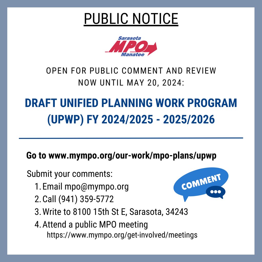 The MPO's Draft Unified Planning Work Program (UPWP) for FY 2024/25 - 2025/26 is now open for public review and comment until May 20, 2024! 💬

Learn more: mympo.org/our-work/mpo-p…

#SarasotaManateeMPO #UPWP #PublicComment #PublicReview #OpenNow