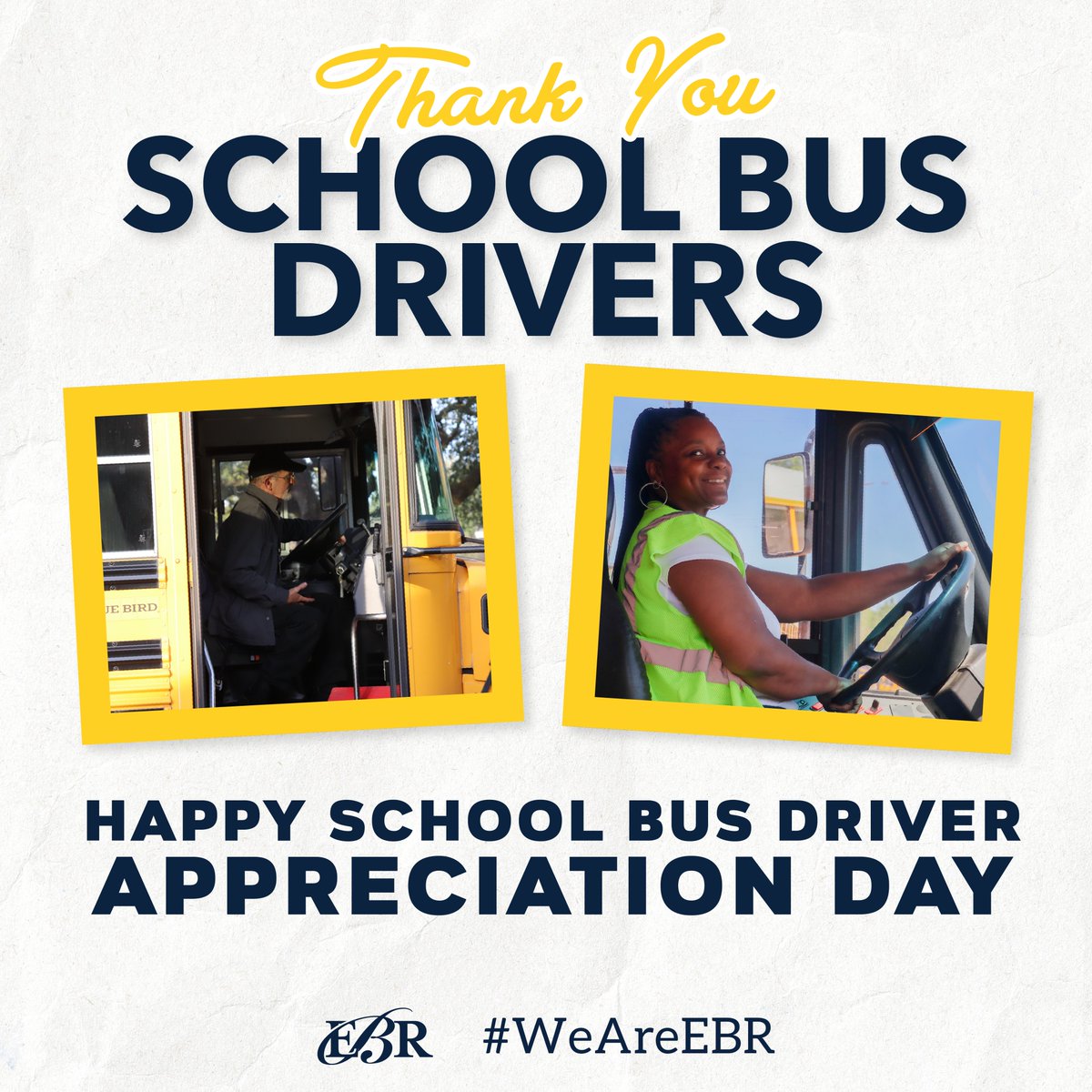 It's Bus Driver Appreciation Day!! Let's take a moment to appreciate and support those who ensure our kids reach school safely. Thank you for your hard work and dedication! 🙌 🚌 #SchoolBusDrivers #WeAreEBR