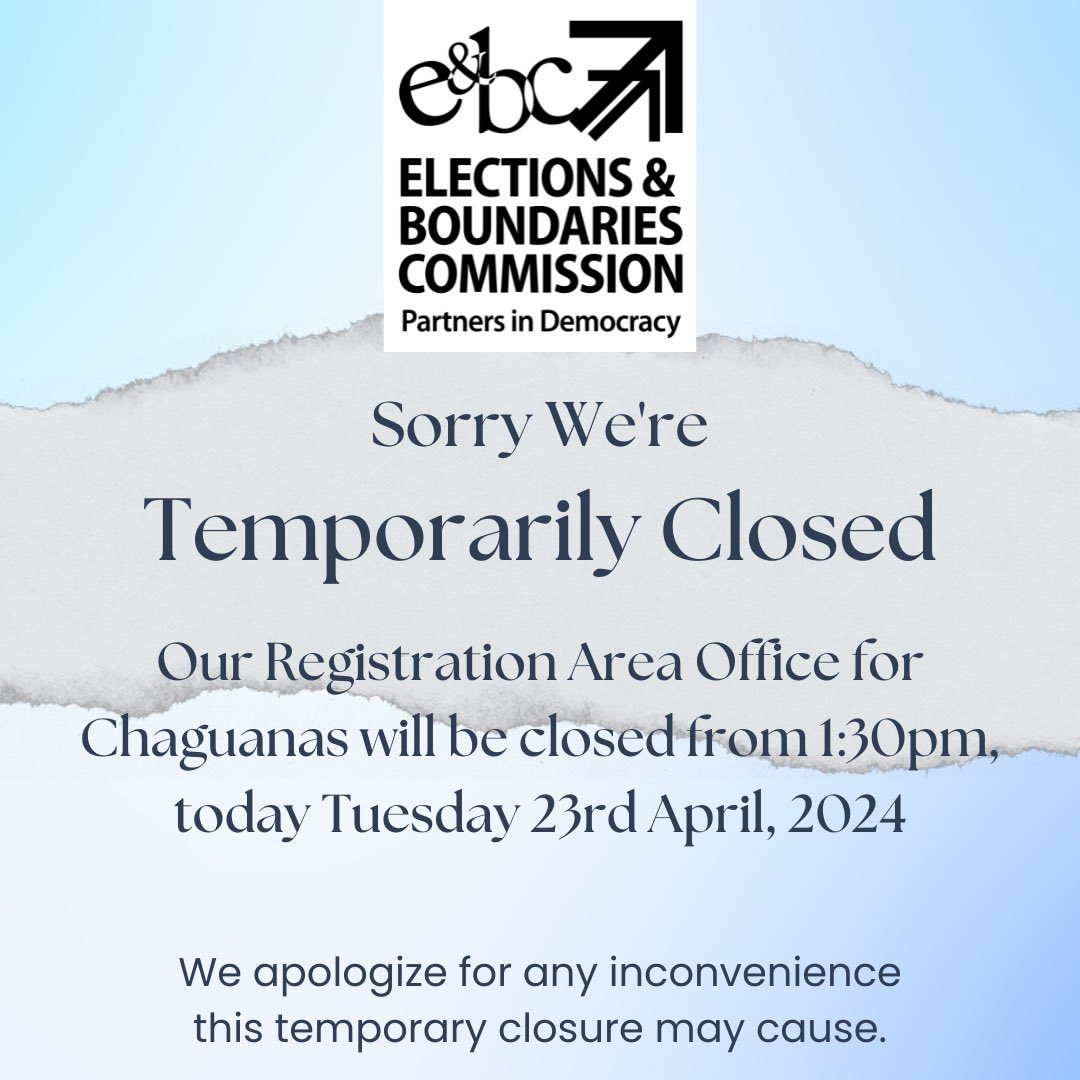 ebctt's tweet photo. *** UPDATE ***
Our Registration Area Office for Chaguanas, will close again today, Tuesday 23rd April at 1:30 pm

This closure is to facilitate on-going works on an AC issue, which forced the closure of this office yesterday.

We apologize for any inconvenience caused. https://t.co/OZMCumOUyv
