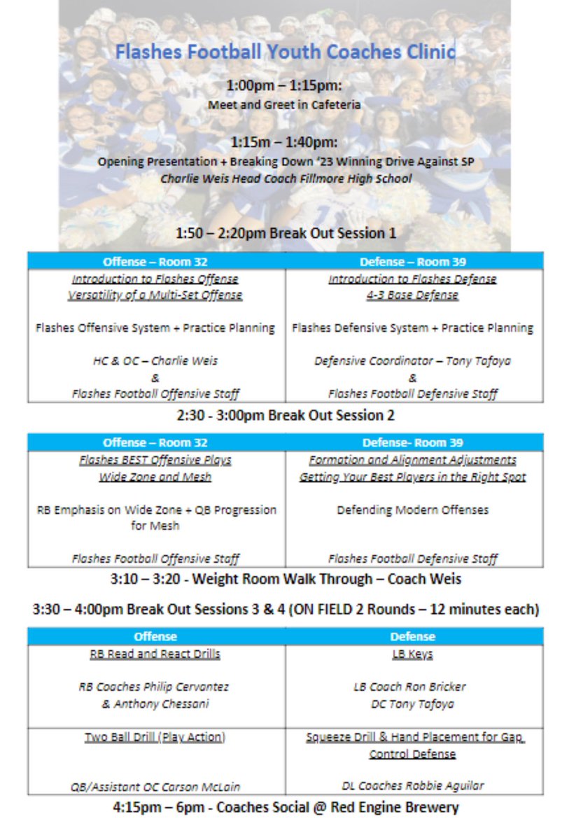 Our staff is extremely excited about this weekends opportunity to talk football with our hometown coaches! 

Use the link below to sign up

tinyurl.com/Flashes-Clinic

#BoltsUp⚡️
#TheStormIsComing⛈️

@FUSDSports @CityofFillmore @vcspreps @vcsjoecurley @TheAcornSports @latsondheimer