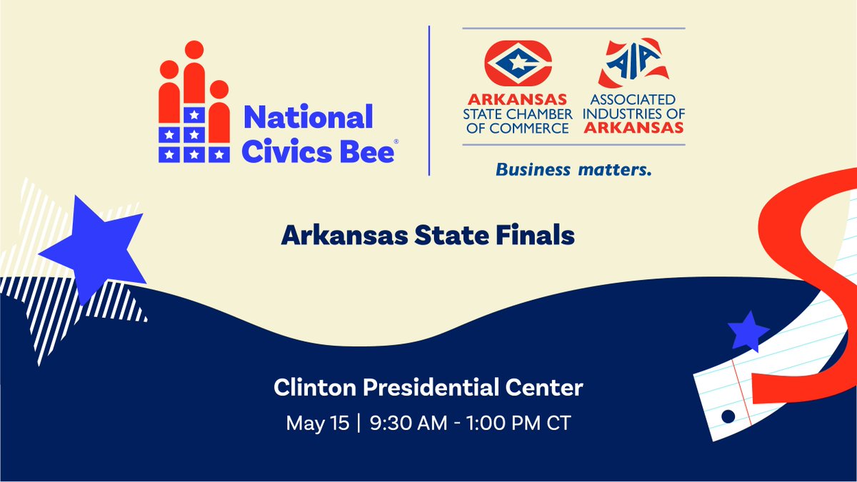 We're looking forward to co-hosting the #NationalCivicsBee Arkansas State Finals with @ARStateChamber on May 15 at the @ClintonFdn's Clinton Presidential Center in #LittleRock. Join us: uscc.foundation/3Qce7SN