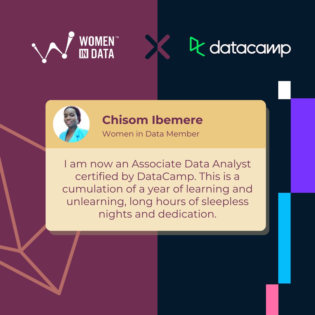 Thrilled to share the success of our members with @DataCamp, which has been pivotal in advancing their careers and enhancing their capabilities. Achieving certification, like Chisom has, exemplifies the wonderful opportunities for growth and recognition through this platform.…