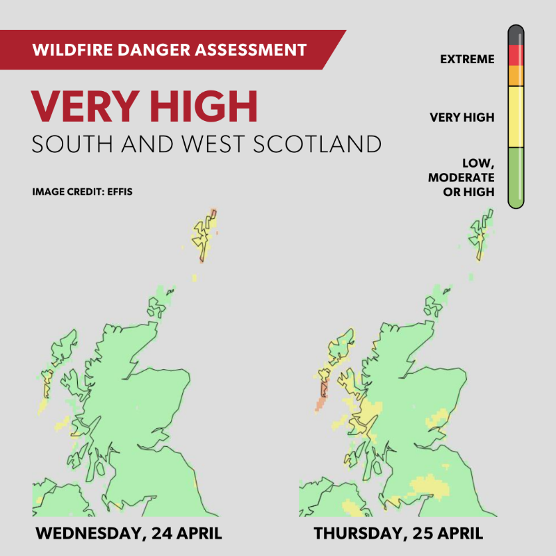 fire_scot's tweet photo. ⚠️ A VERY HIGH wildfire warning has been issued for south and west of Scotland ⚠️

The warning is in place on Wednesday, 24 April and Thursday, 25 April.

People who live within or enters the area should be extra cautious and avoid naked flame outdoors.