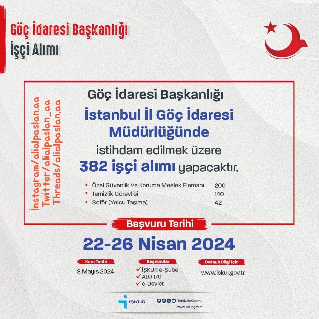 📢Göç İdaresi Başkanlığının 3⃣8⃣2⃣ Kişilik İşçi Alım İlanı Başvuruları Başladı❗

➡️Detaylı Bilgi İçin: 

🔗iskur.gov.tr

#Kamu #kamuişilanları #kamuişilanı #ilan #personelalım