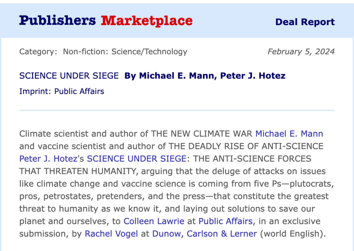 Now for the next book out in 2025 I’ve teamed up with @MichaelEMann to compare the attacks on American biomedicine and climate science to find some striking similarities and a common assault. The book: Science Under Siege published by @public_affairs @HachetteUS