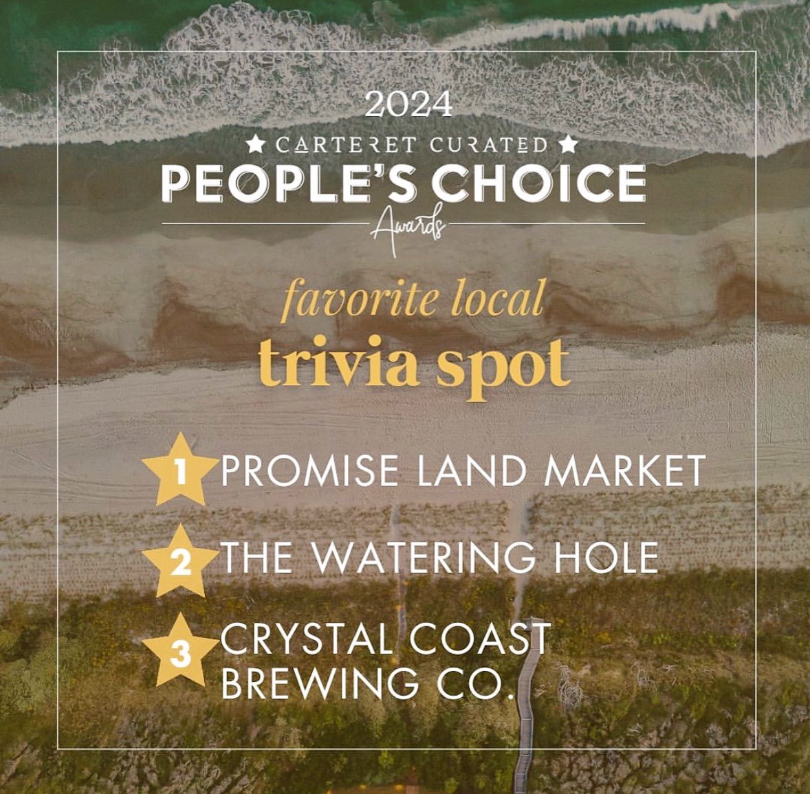 We are thrilled to have been recognized and awarded 🏆 top 3 for the 2024 Carteret Curated People’s Choice Award for Favorite Local Trivia Spot! We love our trivia and music bingo nights, and our wonderful host Dawn! We look forward to more fun times ahead!