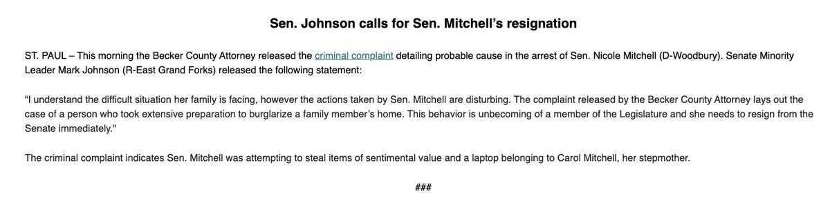 BREAKING: Minnesota Senate Republicans call for Democratic Sen. Nicole Mitchell's immediate resignation after she was charged with felony burglary.