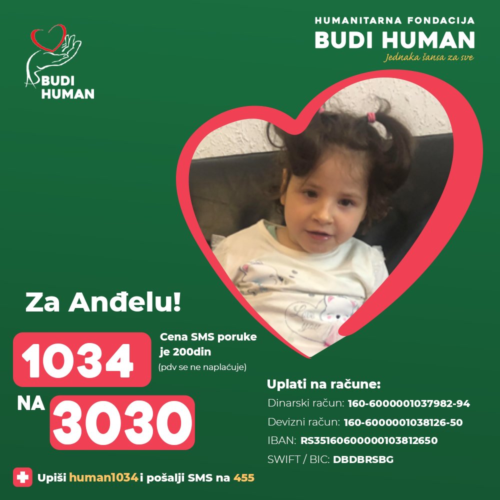 Pomozimo Anđeli!

Upišimo 1034 i pošaljimo SMS na 3030

budihuman.rs/korisnik/1034/…

#budihuman #jednakašansazasve