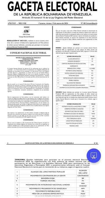 luisgonzaloprz's tweet photo. Información para precisar y no dejar pasar sobre la mesa:

El CNE tiene en gaceta electoral habilitada a la tarjeta de la MUD para poder participar en las elecciones presidenciales del 28 de Julio.

Tarjeta habilitada ✅
Postulación admitida✅
Candidato inscrito✅ https://t.co/5qpsNgBEuX